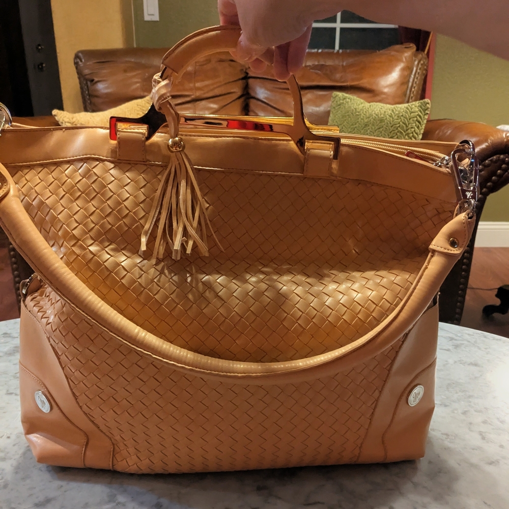 Large Joy Mangano Tan Woven Tote Bag with Gold Hardware
